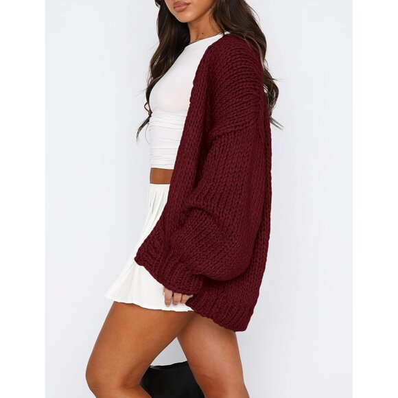 Womens Trendy Cardigan Sweaters Wine Red Long Sleeve Chunky Knit Outfits - Picture 4 of 8